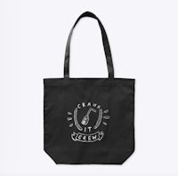 a black tote bag with a white logo on it