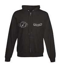 a black zip up hoodie with the words,'love' on it
